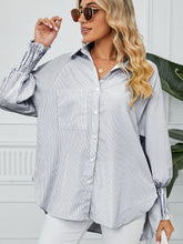 Striped Collared Neck Long Sleeve Shirt OutfitFlow